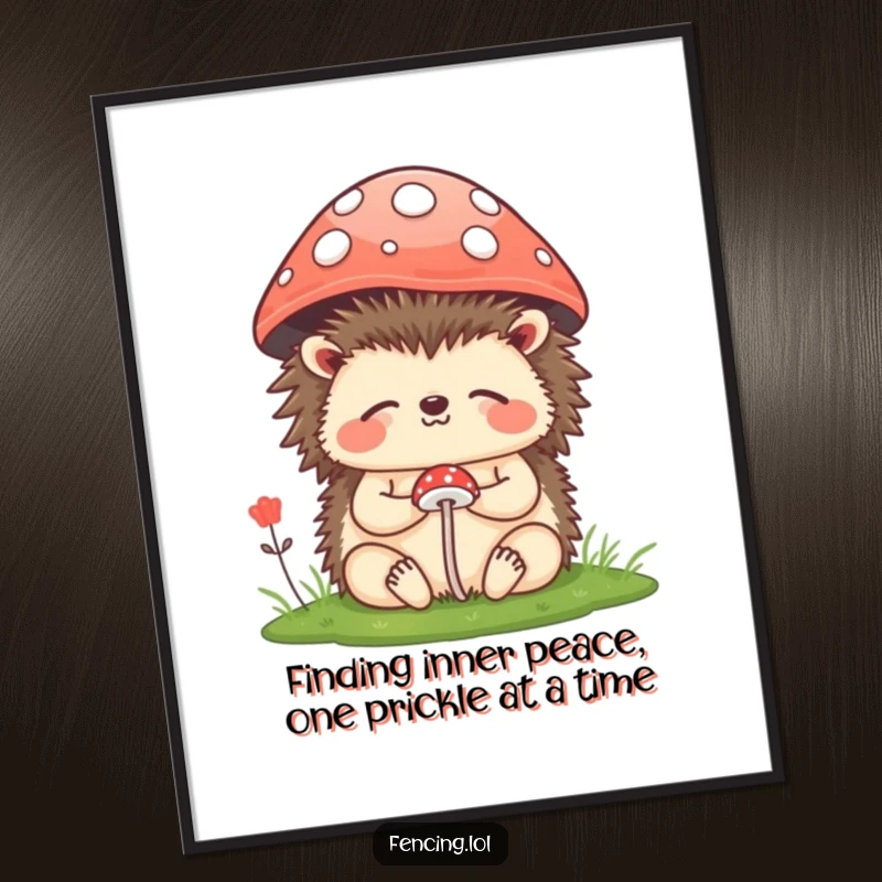 Funny Free Printable Wall Art: A happy hedgehog in deep meditation under a miniature mushroom, radiating peace.