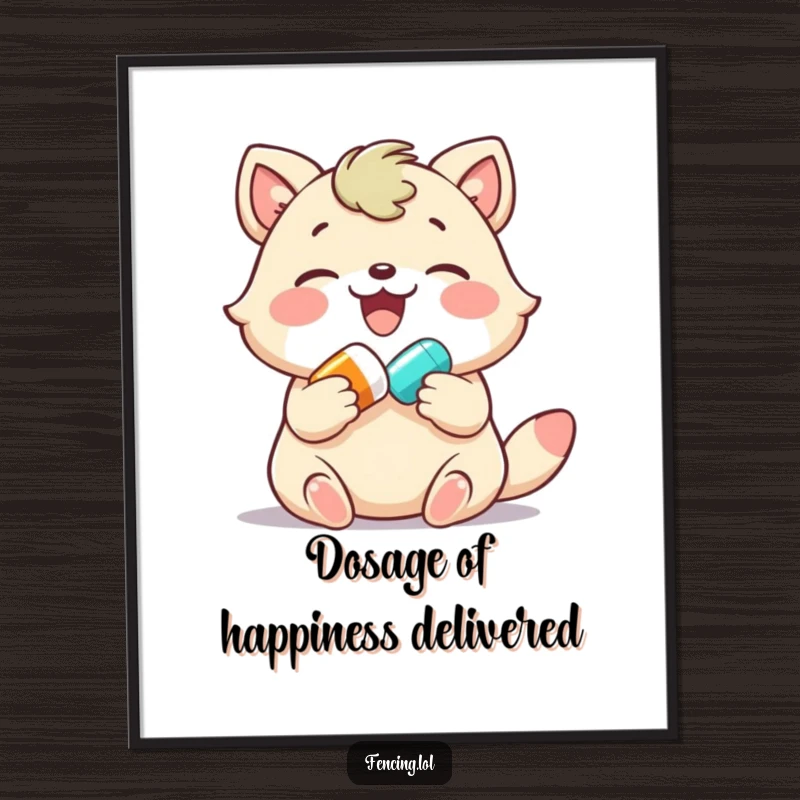 Funny Free Printable Wall Art: a joyful animal gently giving a colorful pill, a humorous and cute downloadable.