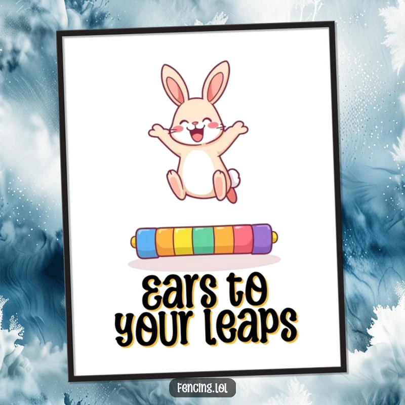 Funny Free Printable Wall Art: A happy rabbit captured mid-high jump over a colorful bar, a spirited piece.