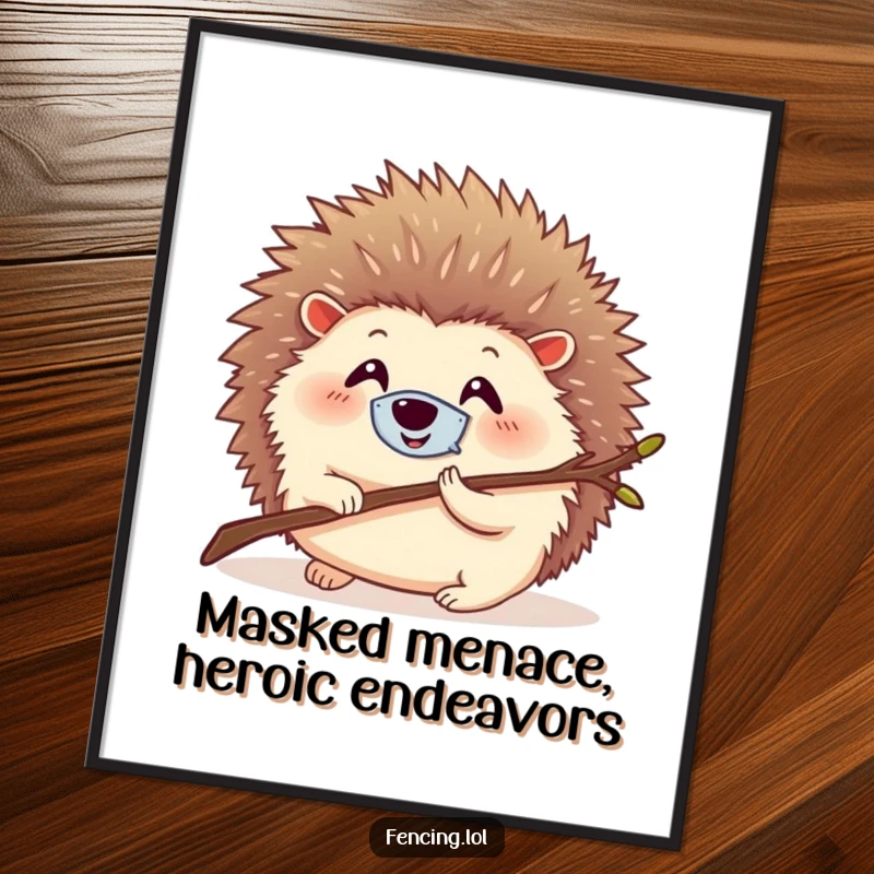 Funny free printable wall art of a round, smiling hedgehog wearing a tiny mask, lunging forward with a twig.