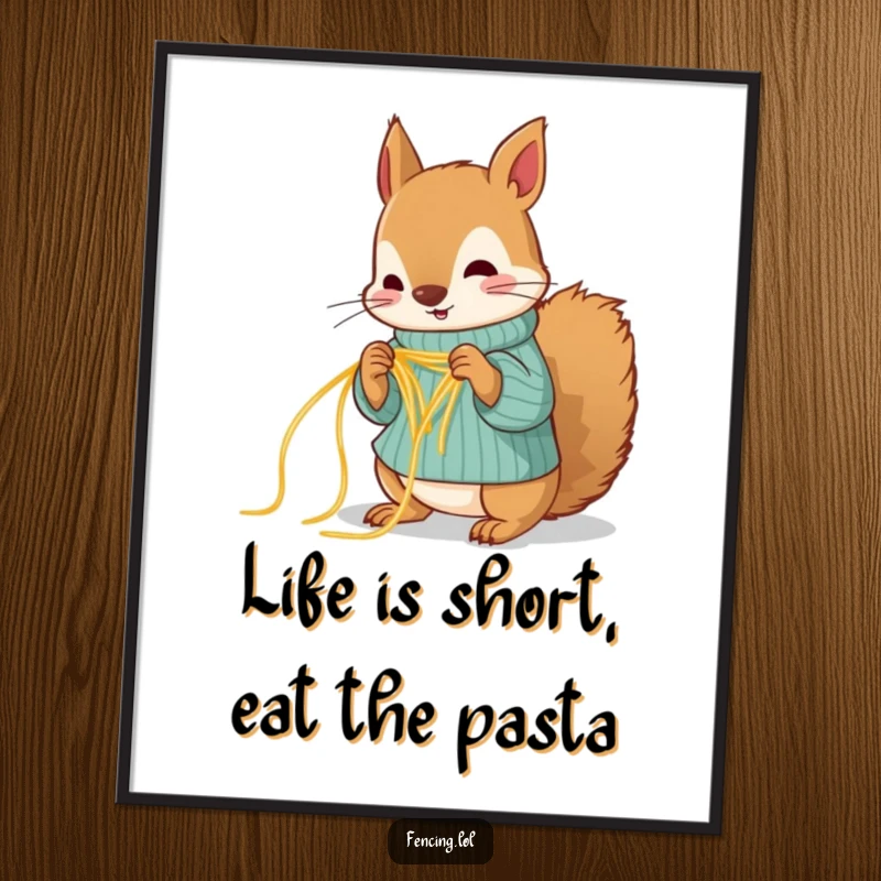 Funny Free Printable Wall Art: A squirrel comically attempting to knit a sweater using spaghetti strands as yarn.