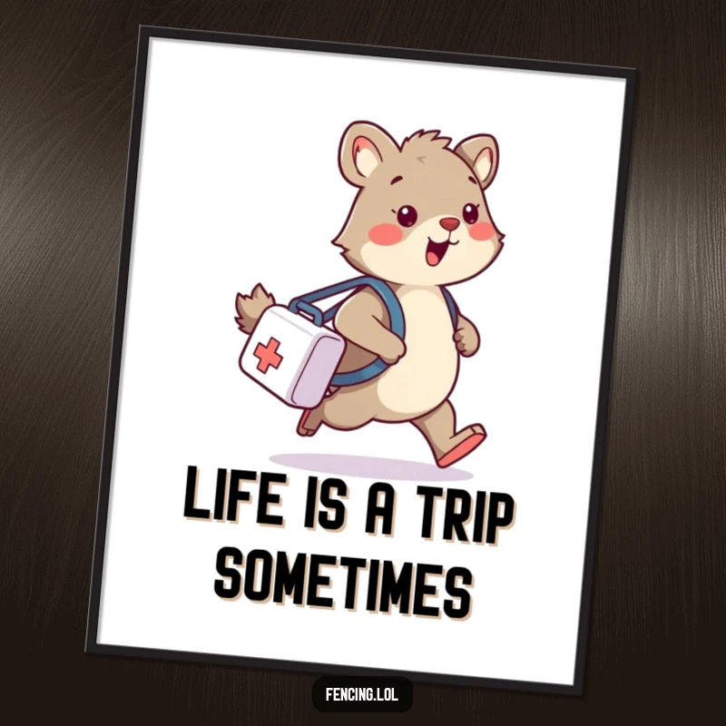 Funny Free Printable Wall Art: An animal losing its footing while carrying a medical bag, a comical scene.