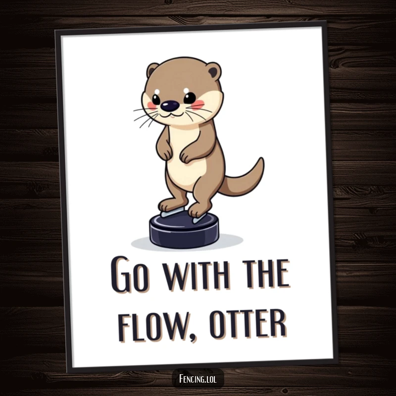 Funny Free Printable Wall Art: A determined otter with intense focus gracefully balancing on a hockey puck while ice skating, cool downloadable art.