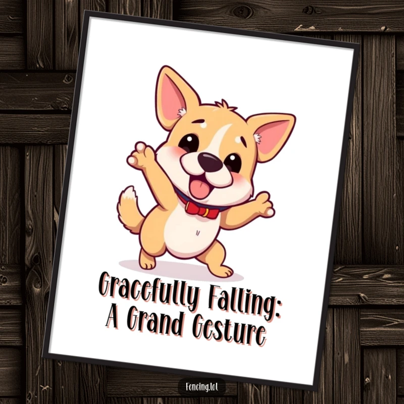 Funny Free Printable Dog Wall Art: A wobbly dog trips while gesturing grandly, adding humorous and relatable charm to home decor.