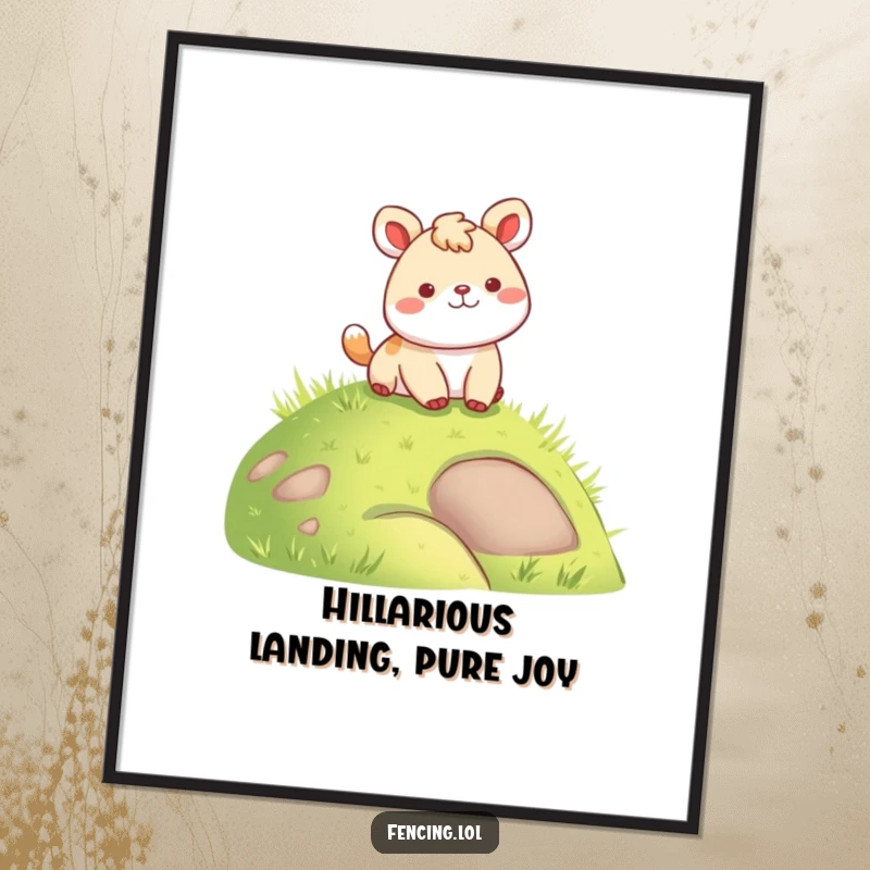 Funny Free Printable Wall Art: Cheerful animal parks its landing on a grassy hill, bringing smiles.