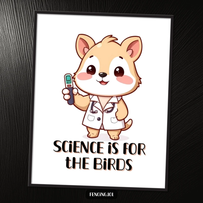 Funny Free Printable Wall Art: A happy animal wearing a tiny lab coat humorously checks a thermometer, adding a scientific quirk.
