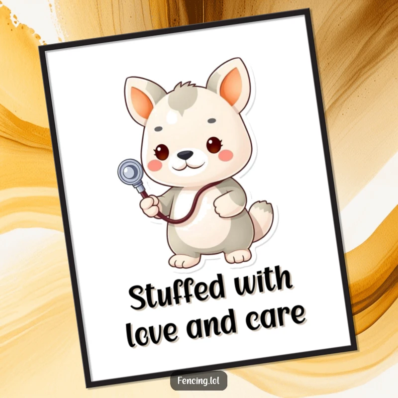 Funny Free Printable Wall Art: a determined animal doctor using a stethoscope on a plush toy, a humorous and cute downloadable.