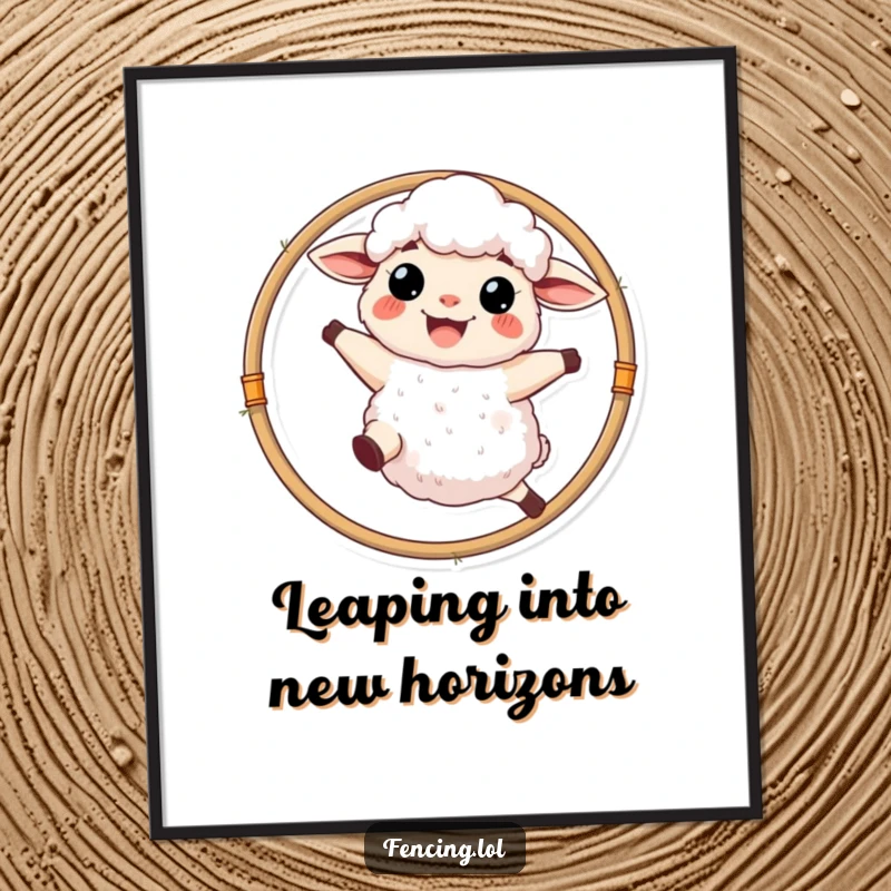 Funny Free Printable Wall Art: A fluffy sheep mid-leap through a hoop, grinning enthusiastically. Whimsical downloadable decor.