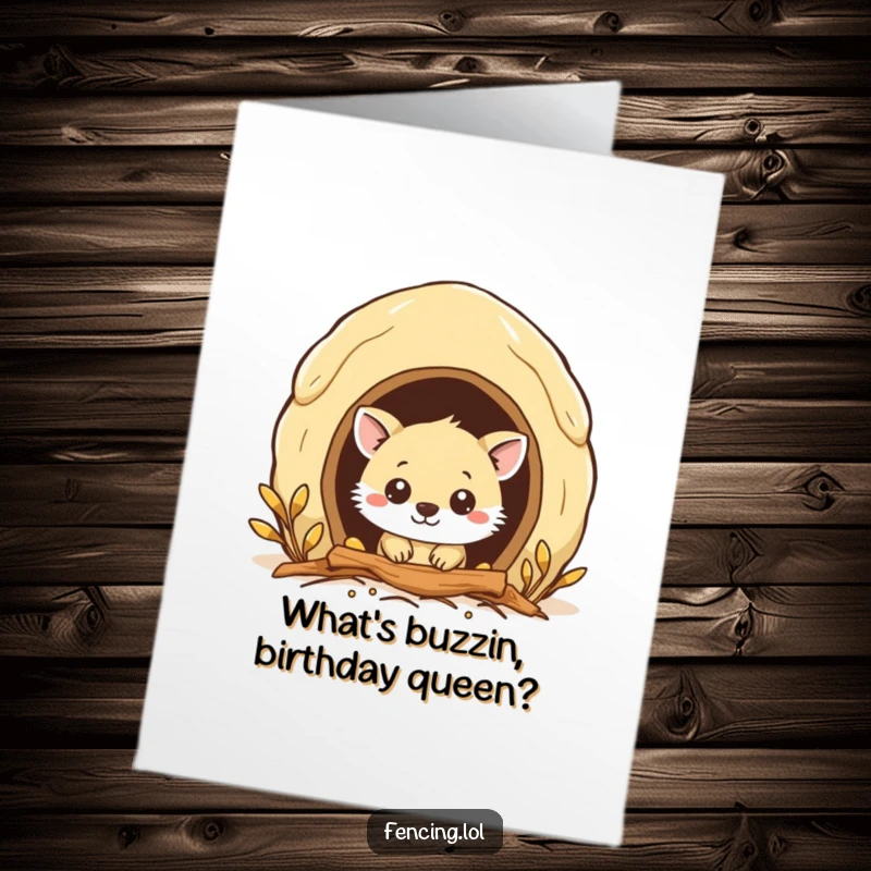 Funny Free Printable Birthday Card: Curious animal peeking into a bustling beehive entrance with wide eyes.