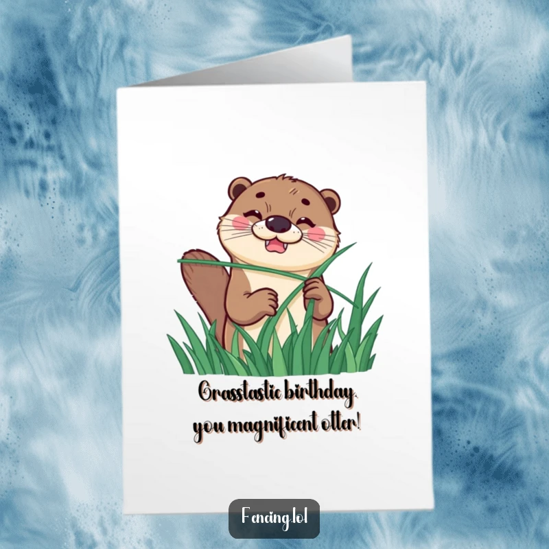 Funny free printable birthday card featuring a happy otter with a determined grin, fencing with a long blade of grass.