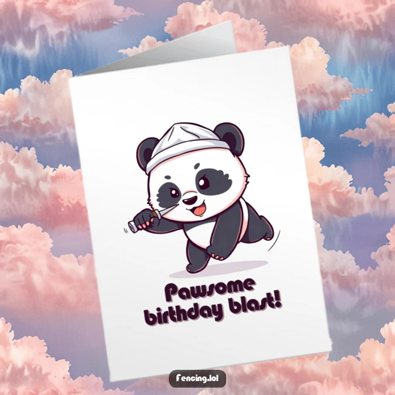 Funny Free Printable Birthday Card: Small panda with tiny foil hat lunges determinedly with a foil.