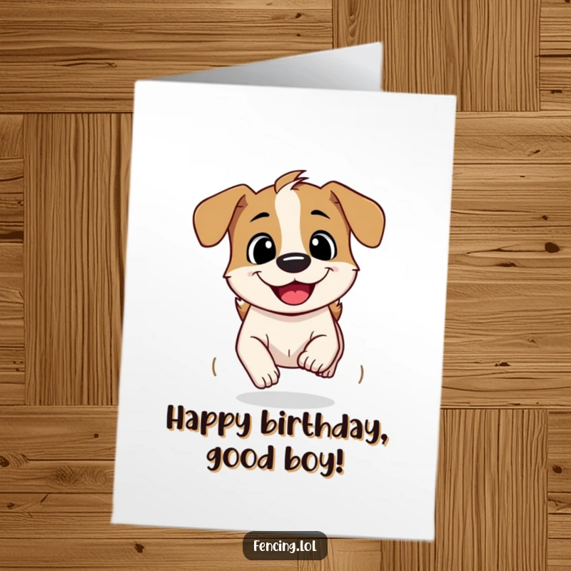 Funny Free Printable Birthday Card: Curious dog zooming ahead with a huge grin, embodying pure birthday joy and excitement.