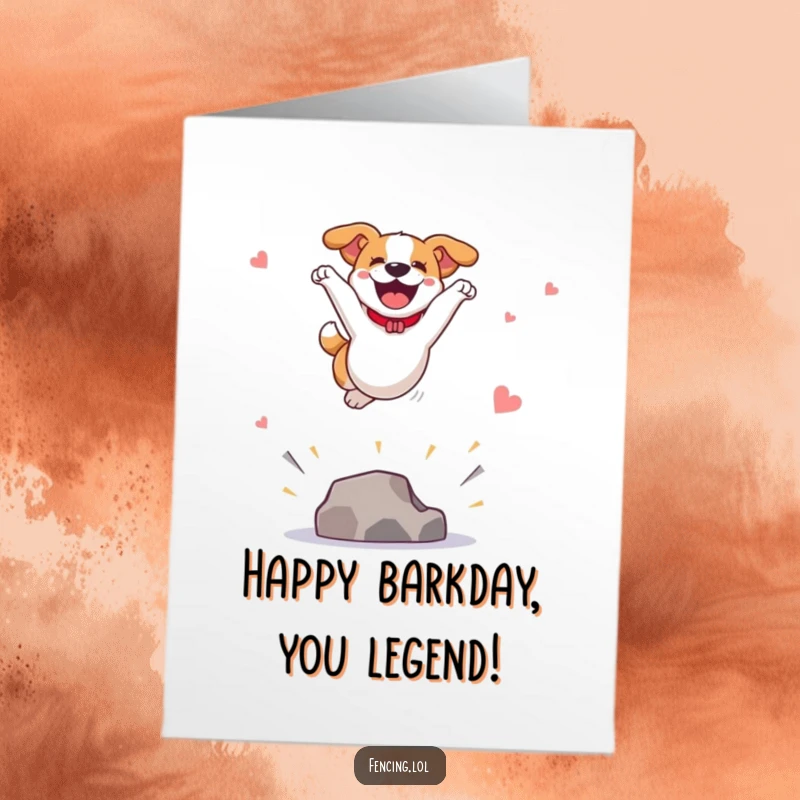 Funny Free Printable Birthday Card: A joyful dog leaping high for a spectacular vault, a humorous downloadable birthday wish.