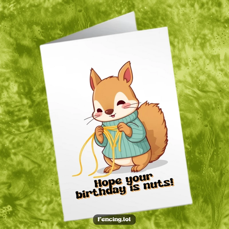 Funny Free Printable Birthday Card: A determined squirrel struggling to knit a sweater using long strands of spaghetti.
