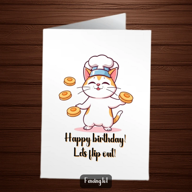 Funny Free Printable Birthday Card: A cat chef in a hat gleefully juggles flying pancakes, celebrating a birthday.