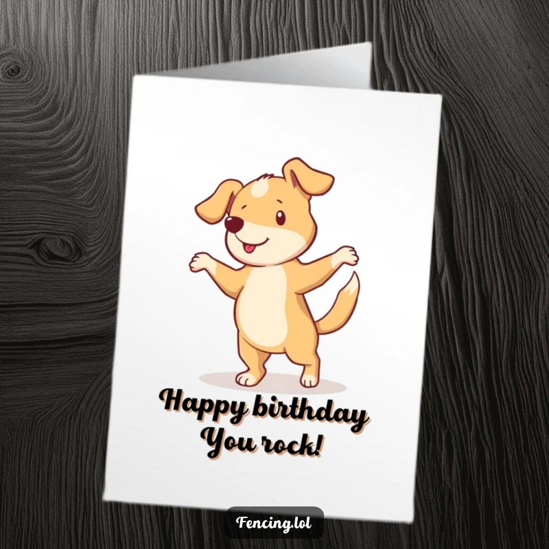 Funny Free Printable Birthday Card: A curious dog spins in a joyful pirouette with its tail wagging, celebrating birthdays with canine enthusiasm.