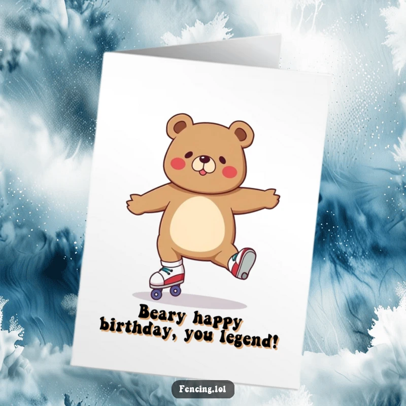 Funny Free Printable Birthday Card: A determined bear hilariously executes a perfect split on roller skates, ready to roll into celebrations.
