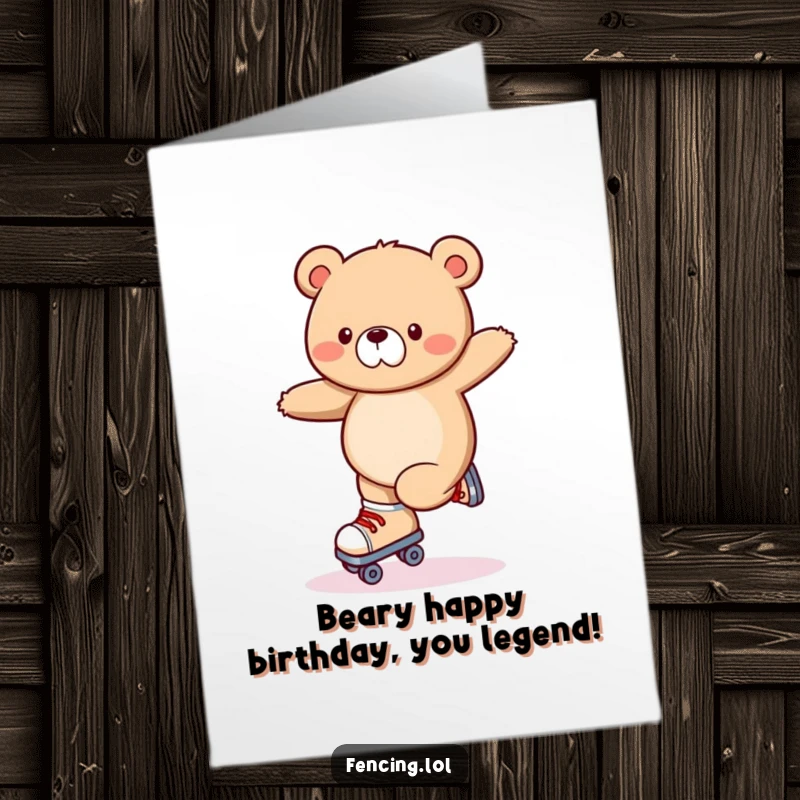 Funny Free Printable Birthday Card: A wobbly bear hilariously attempts a trick on roller skates, mid-fall with a surprised expression.