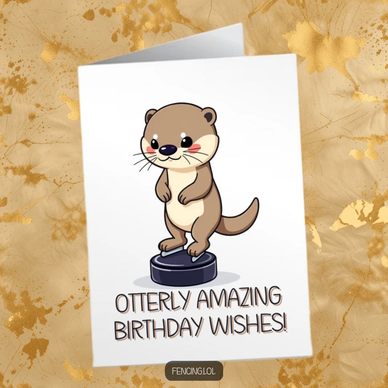 Funny Free Printable Birthday Card: A determined otter balancing skillfully on a hockey puck while ice skating, celebrating with focus.