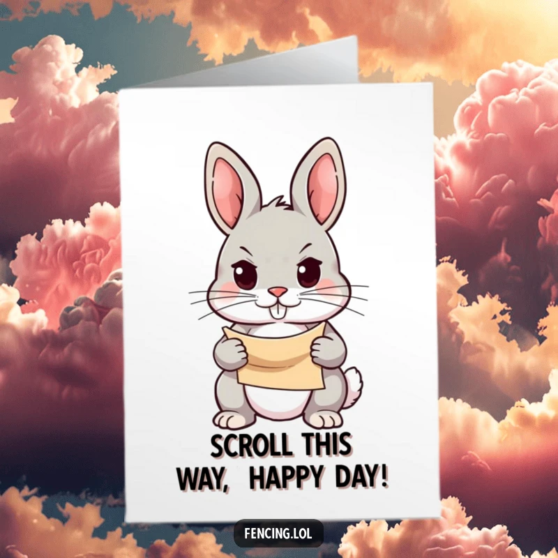 Funny Free Printable Birthday Card featuring a determined rabbit holding a scroll, gazing with focus for a happy birthday.