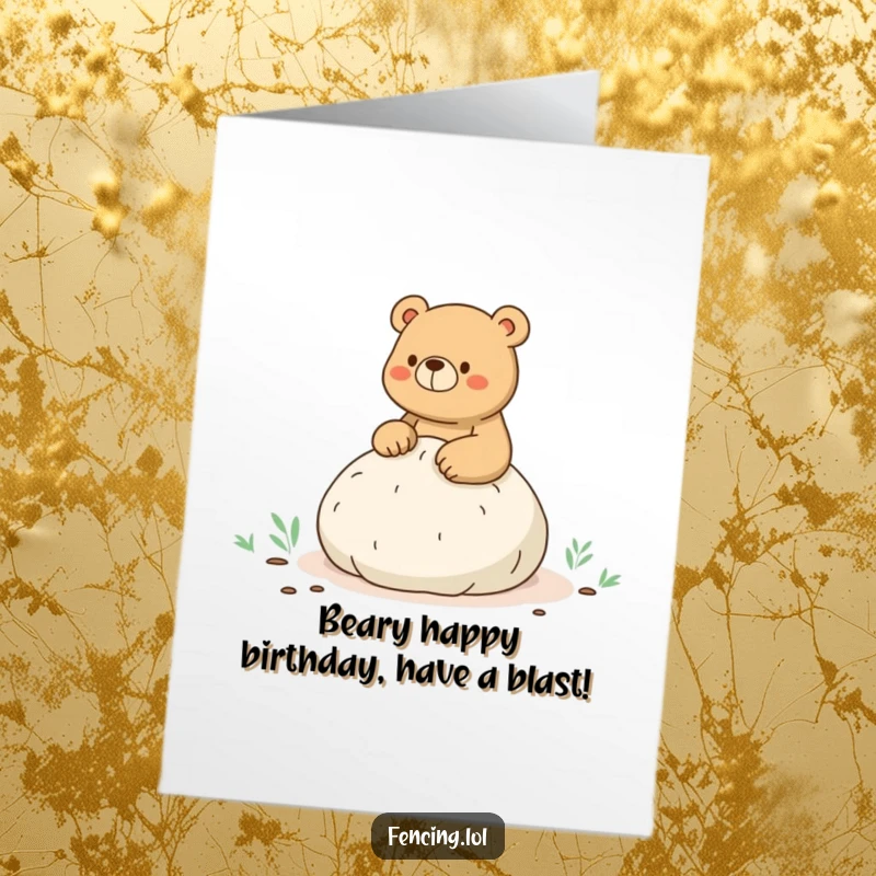 Funny Free Printable Birthday Card: A bear hilariously sits on a whoopee cushion during a hike, mid-toot.