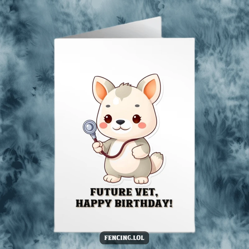 Funny Free Printable Birthday Card featuring a determined animal doctor stethoscope examining a plush toy, a cute and quirky DIY gift.