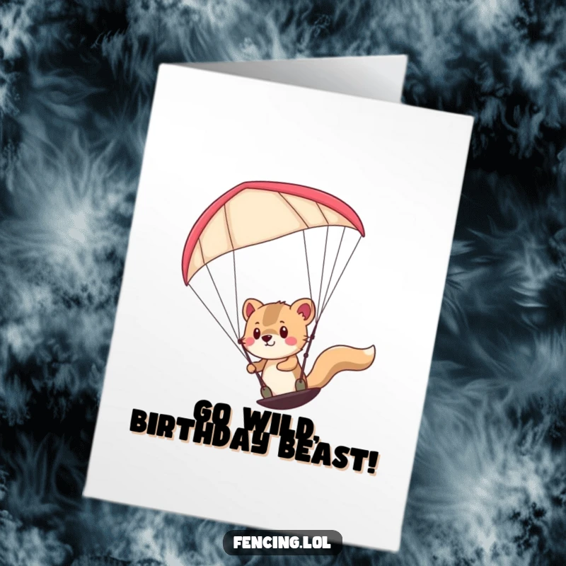 Funny Free Printable Birthday Card: Determined animal smiling while steering a paraglider, ready for adventurous birthday wishes.