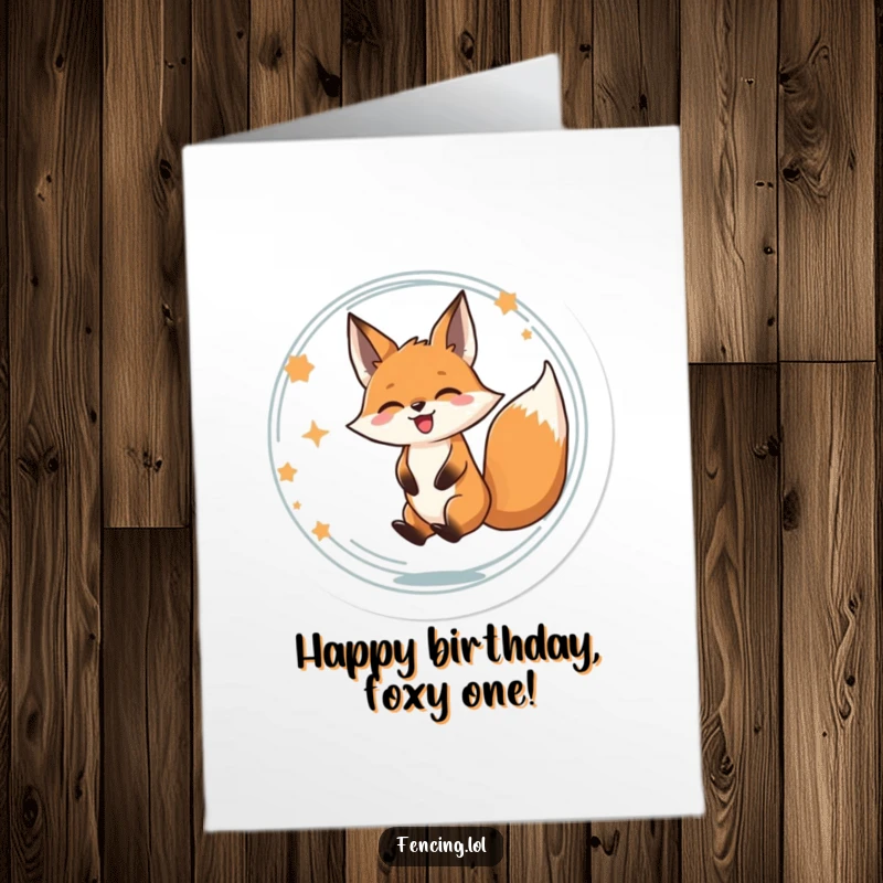Funny Free Printable Birthday Card: A determined fox spins in a circle, eyes closed in pure delight, tail blurred.