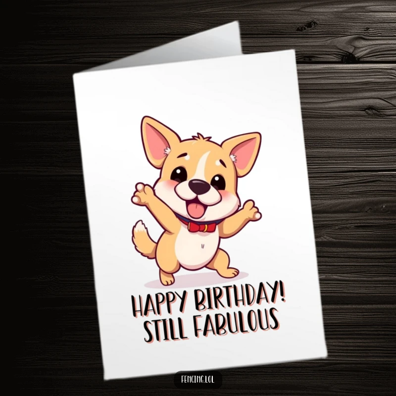 Funny Free Printable Dog Birthday Card: A wobbly dog trips while gesturing, celebrating a birthday with clumsy charm, great gift.