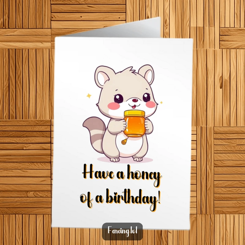Funny Free Printable Birthday Card: Playful animal cheerfully offering a jar overflowing with golden honey.
