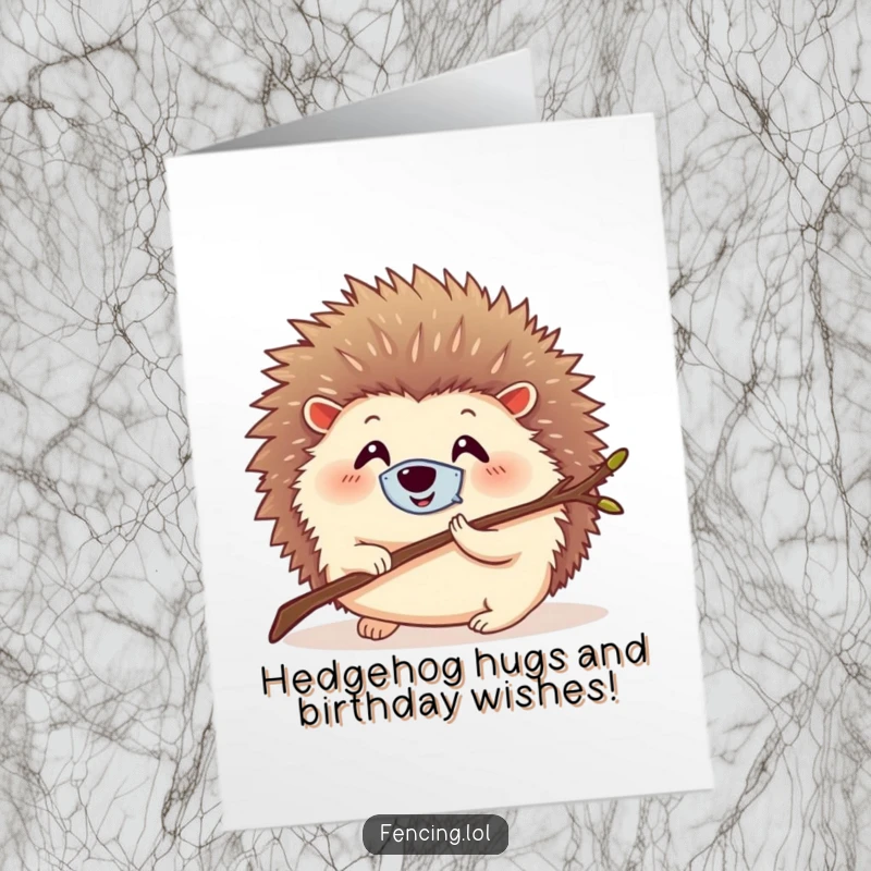 Funny free printable birthday card featuring a smiling, round hedgehog wearing a tiny mask, lunging with a twig.