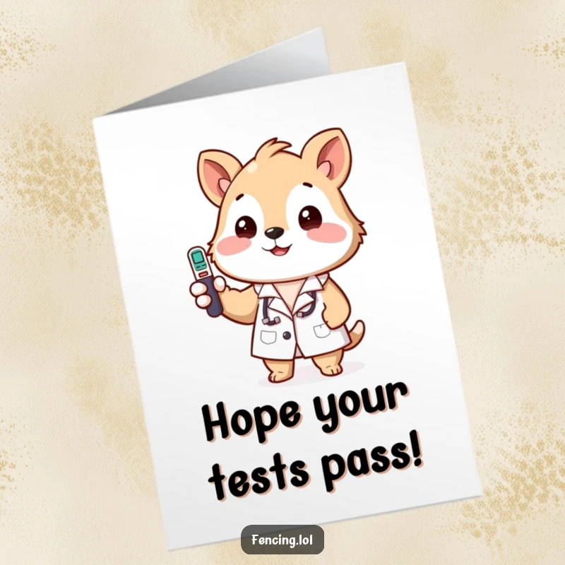 Funny Free Printable Birthday Card: A happy animal in a tiny lab coat humorously checks a thermometer, wishing good health.