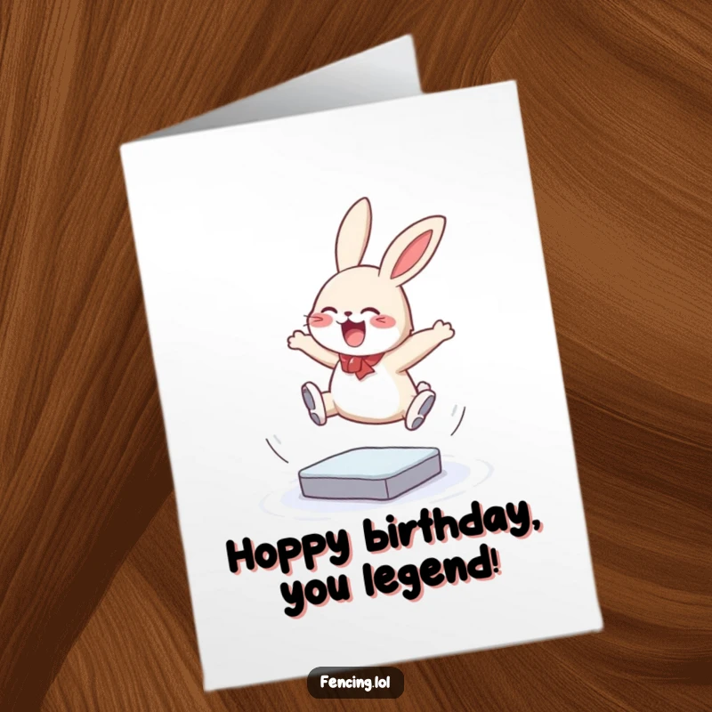 Funny Free Printable Birthday Card: A giggling bunny mid-triple jump on ice, looking exhilarated and slightly wobbly.