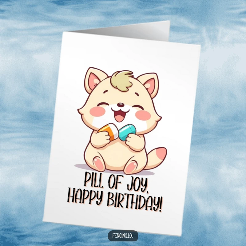 Funny Free Printable Birthday Card: a joyful animal offering a colorful pill, a whimsical and humorous downloadable gift.