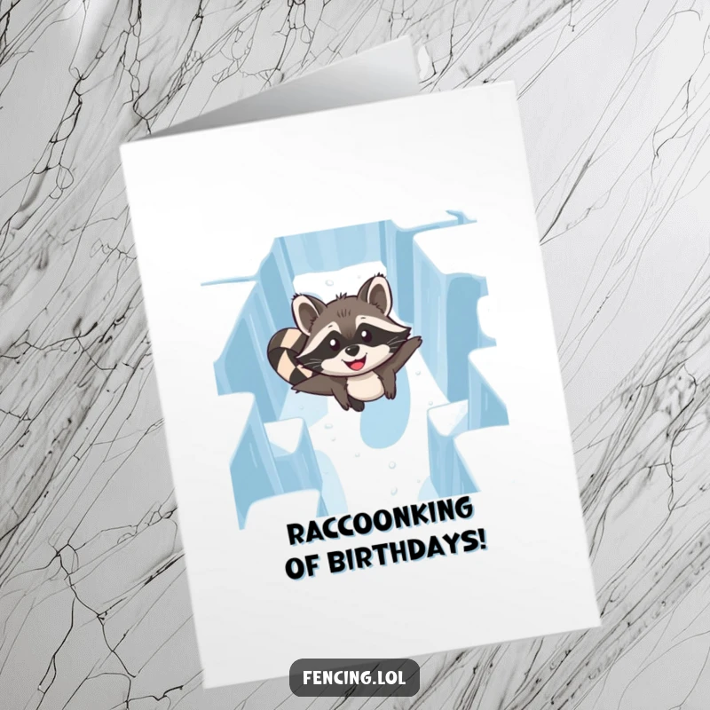 Funny Free Printable Birthday Card of a happy raccoon gliding through a challenging ice maze with determination and joy.