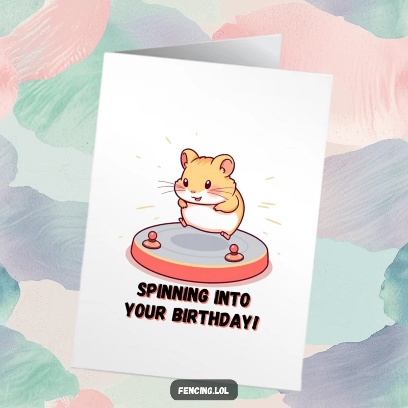 Funny Free Printable Birthday Card: A determined hamster navigating a complex floor routine with speed, humorous downloadable birthday wishes.