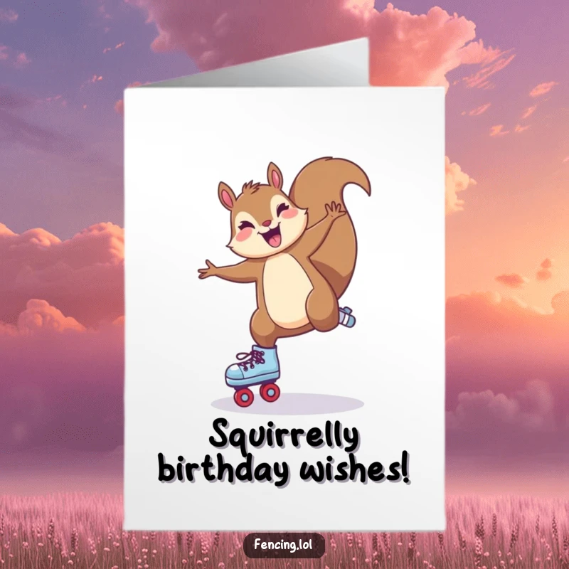 Funny Free Printable Birthday Card: Joyful squirrel mid-cartwheel on roller skates, radiating pure birthday excitement and laughter.