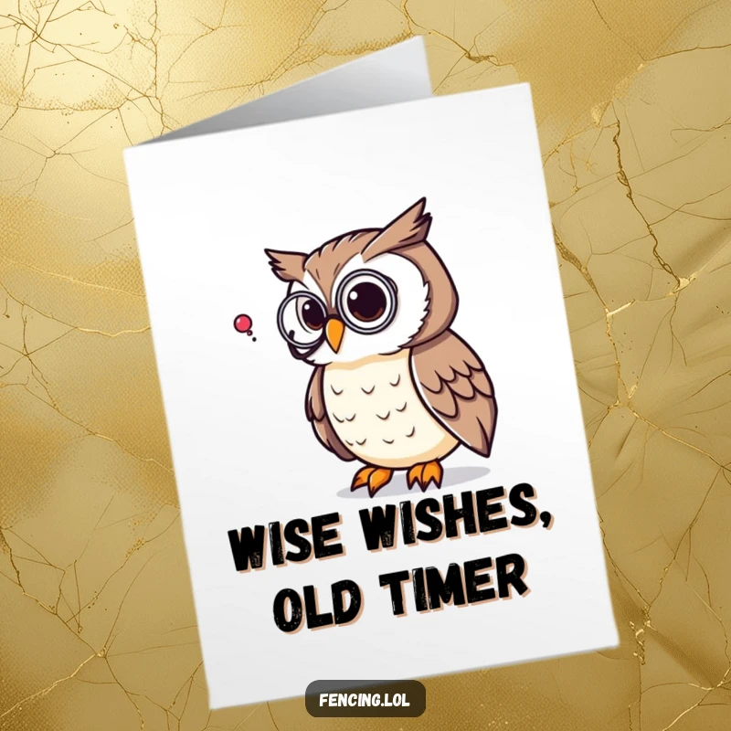 Funny Free Printable Birthday Card featuring a thoughtful owl with a monocle pondering a giant question mark, wishing happy birthday.