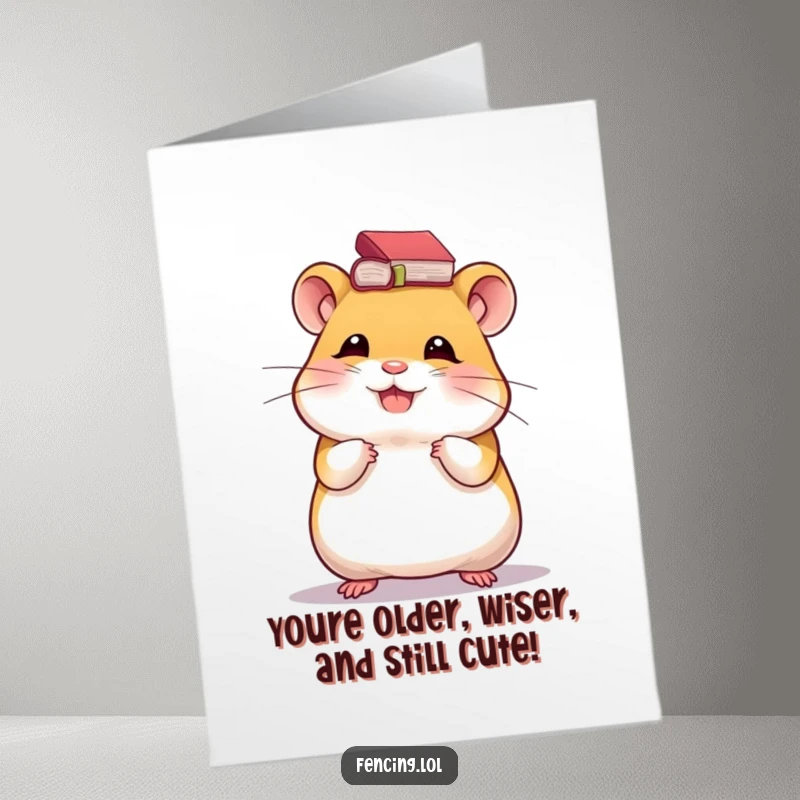 Funny Free Printable Birthday Card: Giggling hamster balancing a tiny book on its head, smart and cheerful, downloadable art.