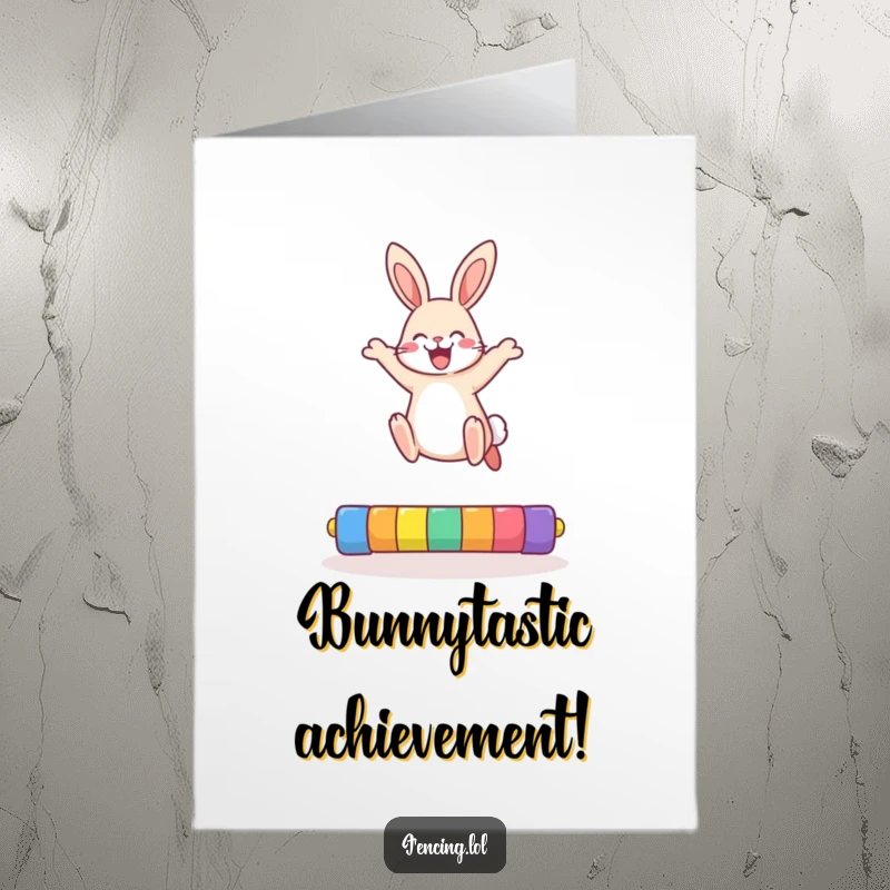 Funny Free Printable Congrats Card: A joyful rabbit soaring over a high jump bar, celebrating a big win.