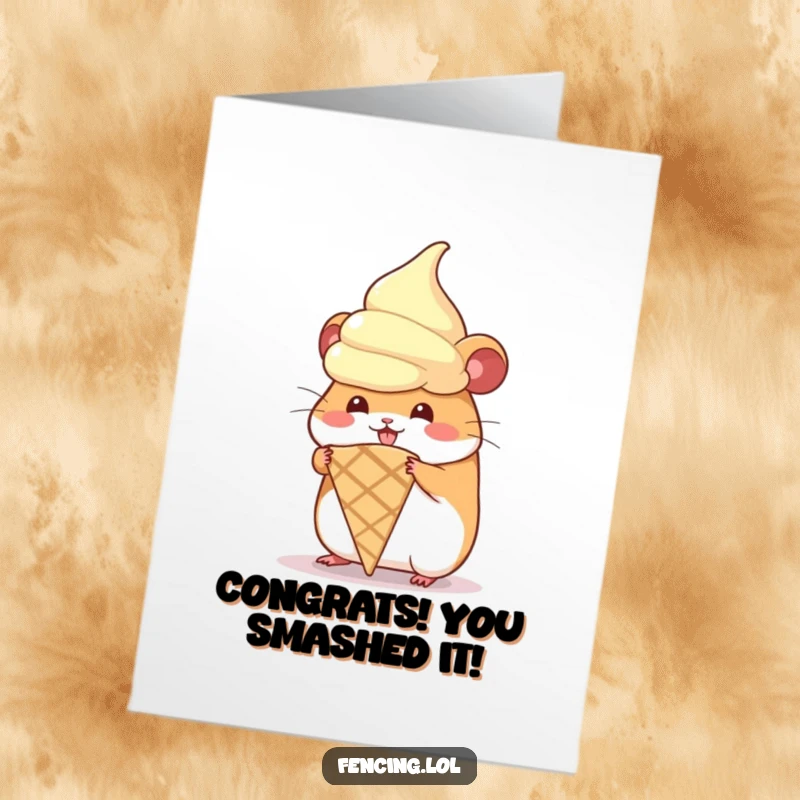 Funny Free Printable Congratulations Card: A hamster comically attempts to wear a giant ice cream cone, celebrating.