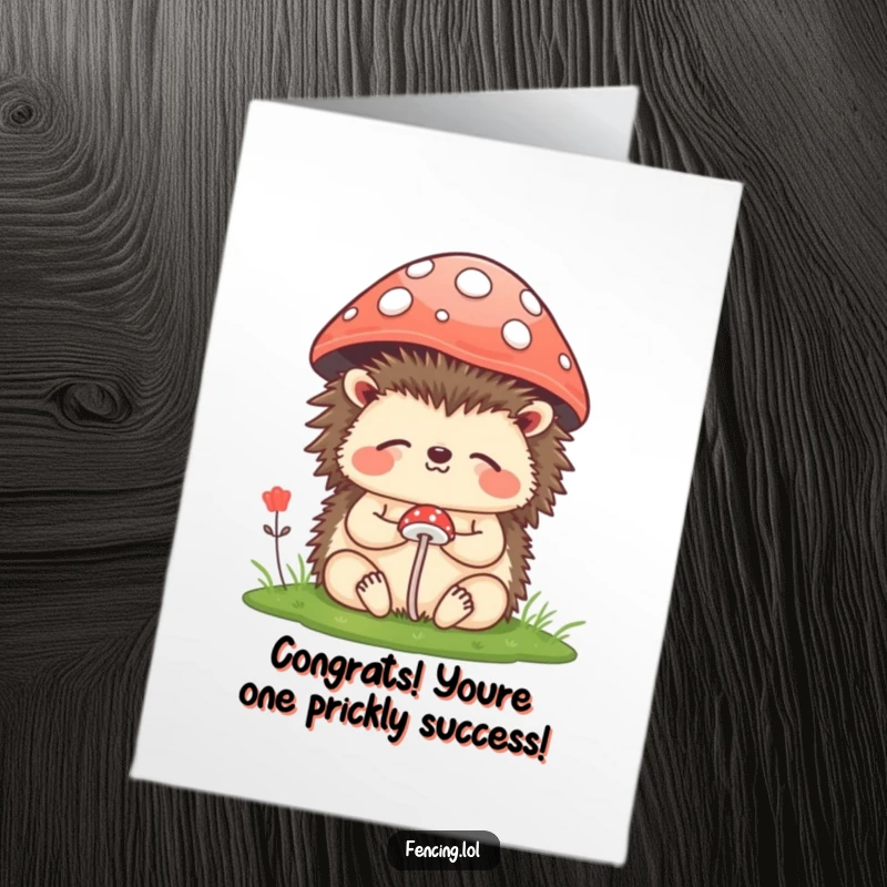 Funny Free Printable Congratulations Card: A serene hedgehog meditating under a mushroom, conveying peaceful success.