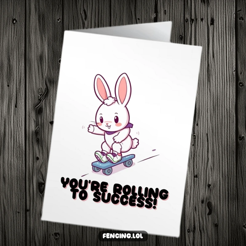 Funny Free Printable Congratulations Card: Cute bunny roller skating downhill, celebrating a swift success.
