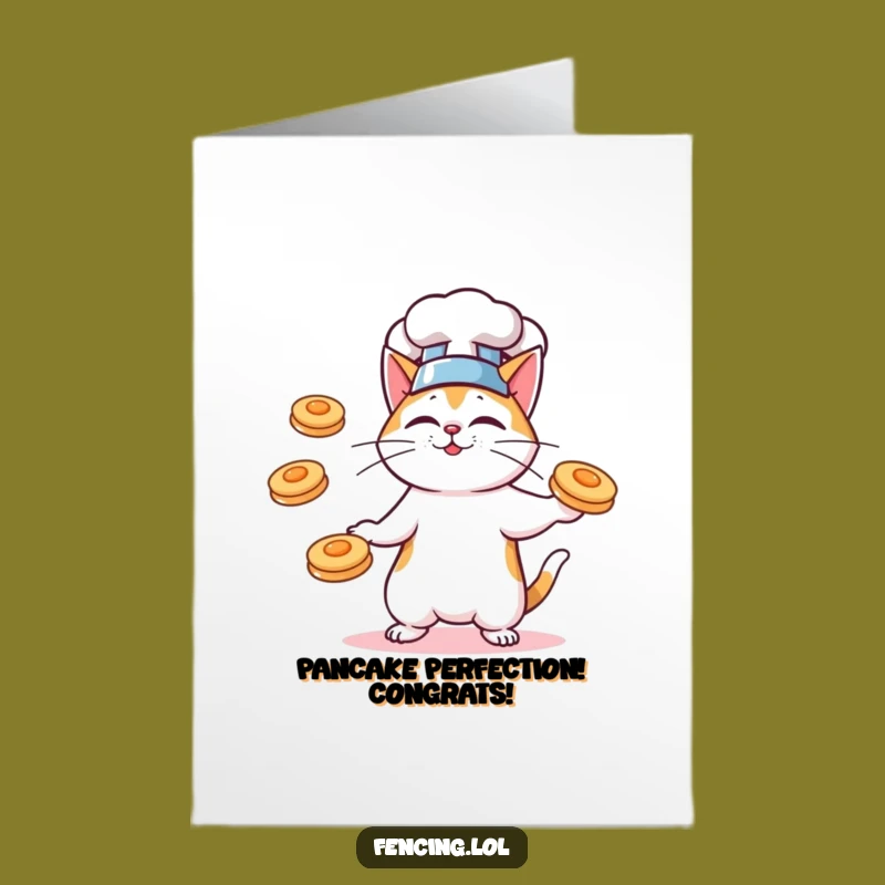 Free Printable Chef Cat Congrats Card: Juggling Pancakes Downloadable