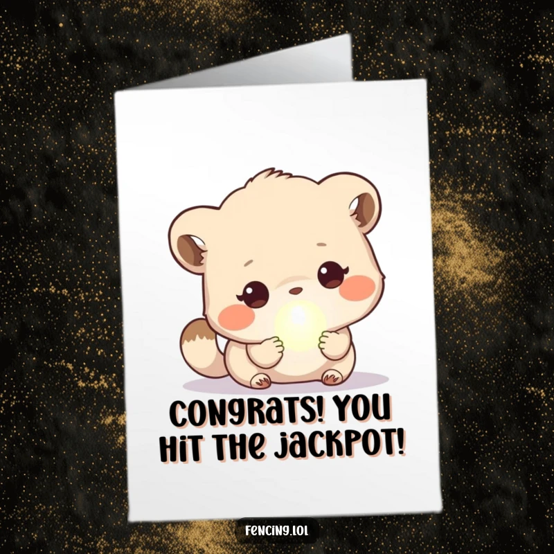 Funny Free Printable Congratulations Card: A cute animal discovering a tiny, glowing orb, representing new possibilities.