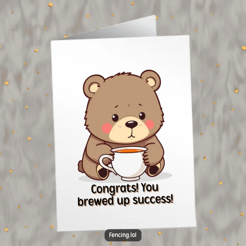 Funny Free Printable Congratulations Card: A bear contemplating its teacup, symbolizing thoughtful celebration.