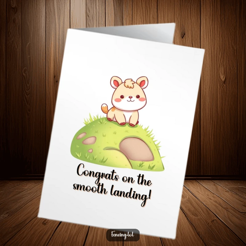 Funny Free Printable Congratulations Card: Cheerful animal landing gently on a grassy hill, celebrating success.