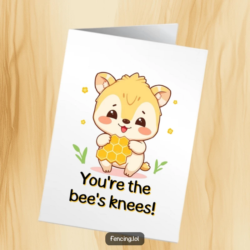 Funny Free Printable Congrats Card: Joyful bee delicately handling a large honeycomb, celebrating success.