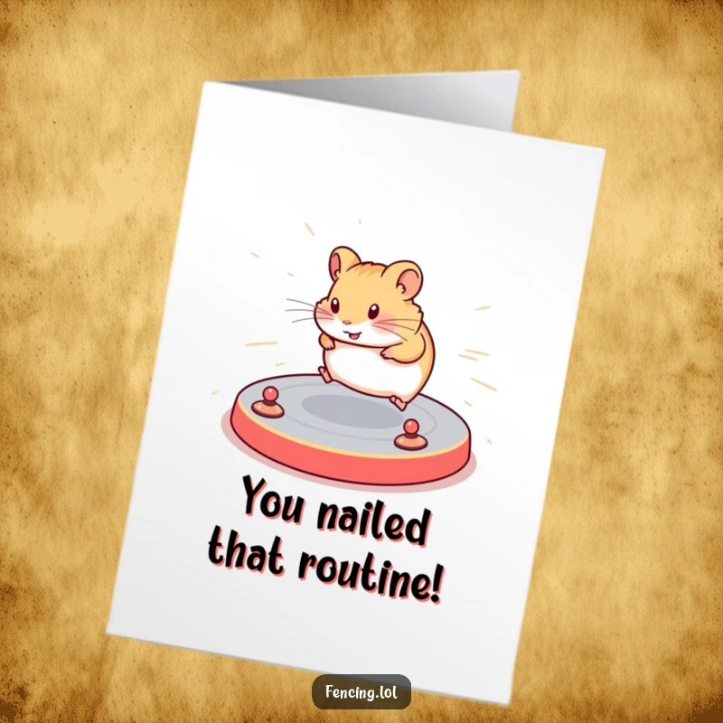 Funny Free Printable Congratulations Card: A determined hamster navigates a complex floor routine with speed, a thrilling downloadable congratulation.