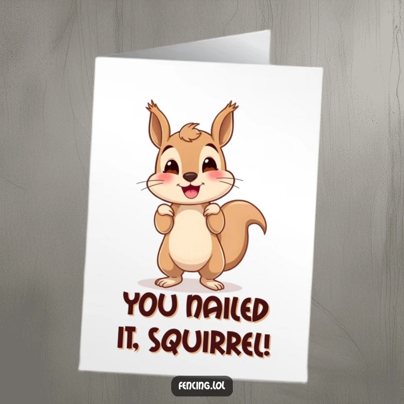 Funny Free Printable Congrats Card: A slightly unstable squirrel celebrating a win with a wobbly handstand, a quirky triumph.